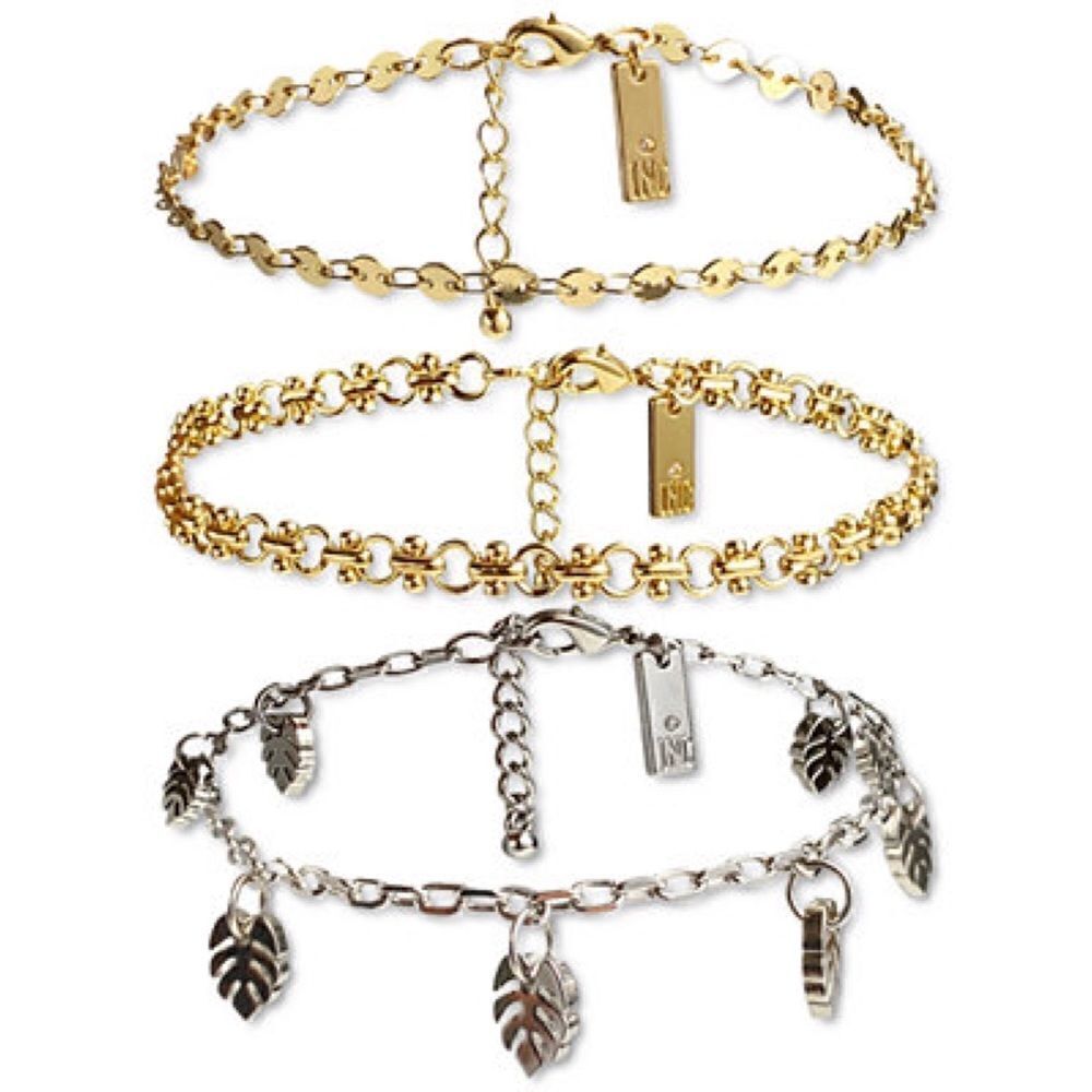 INC Two-Tone 3 Piece Set Palm Leaf Charm Chain-Link Anklets Ankle Bracelets New